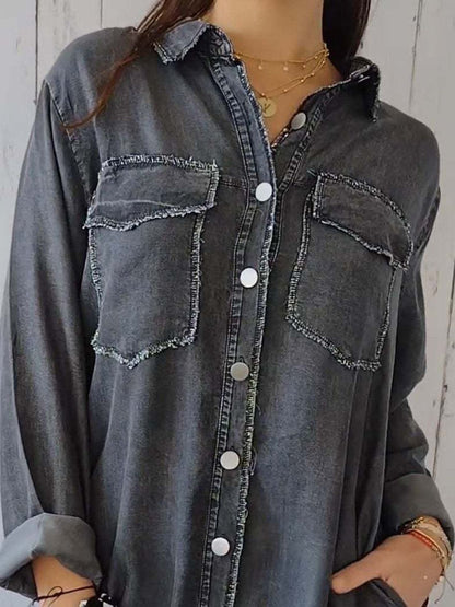 Raw Hem Button Up Long Sleeve Denim Top