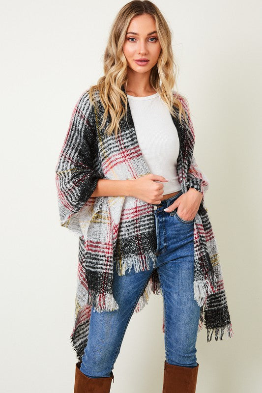 MULTI PLAID FRINGE PONCHO SHAWL