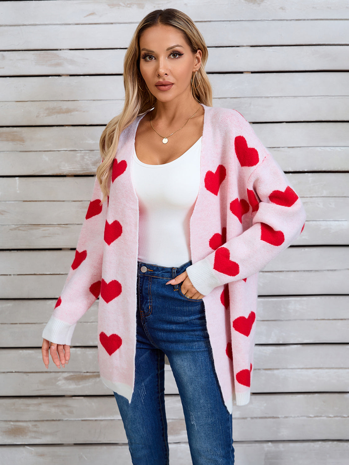 Heart Open Front Long Sleeve Cardigan