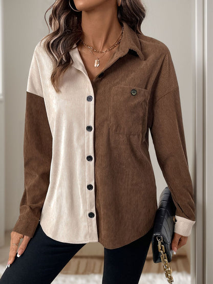 Pocketed Contrast Collared Neck Long Sleeve Shirt