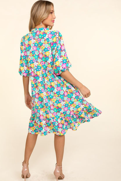 Bubble Sleeve Floral Ruffled Dress