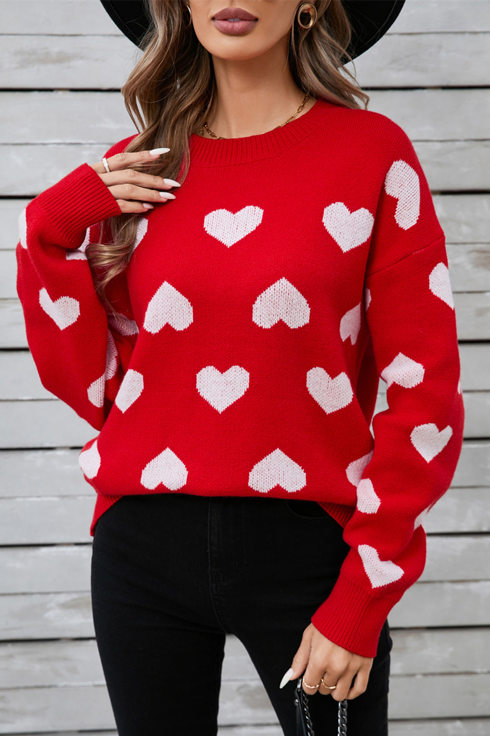 Heart Round Neck Long Sleeve Sweater