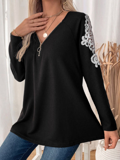 Lace Detail Quarter Zip Long Sleeve Top