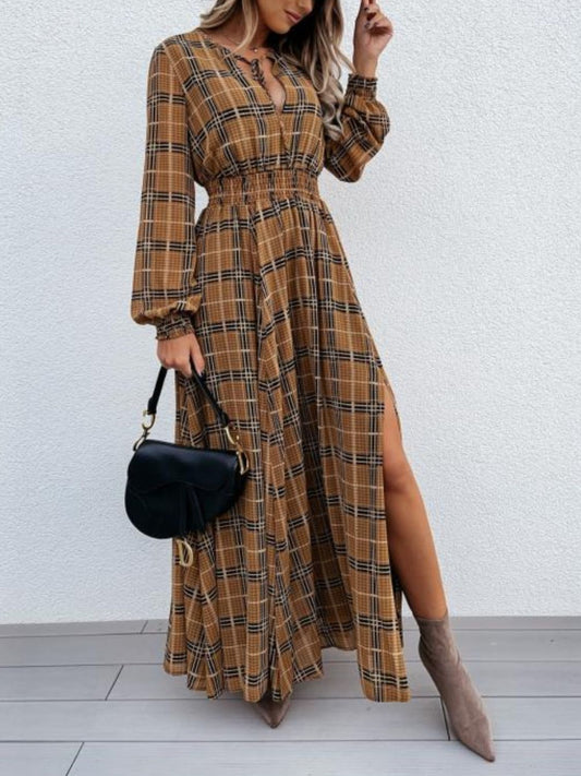 Slit Plaid Tie Neck Long Sleeve Maxi Dress