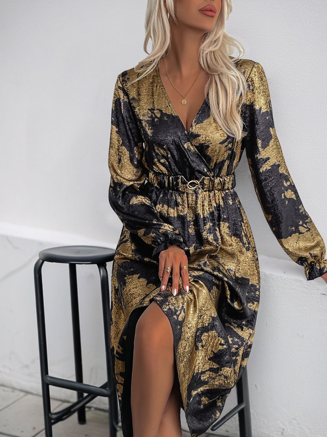 Printed Surplice Long Sleeve Midi Dress