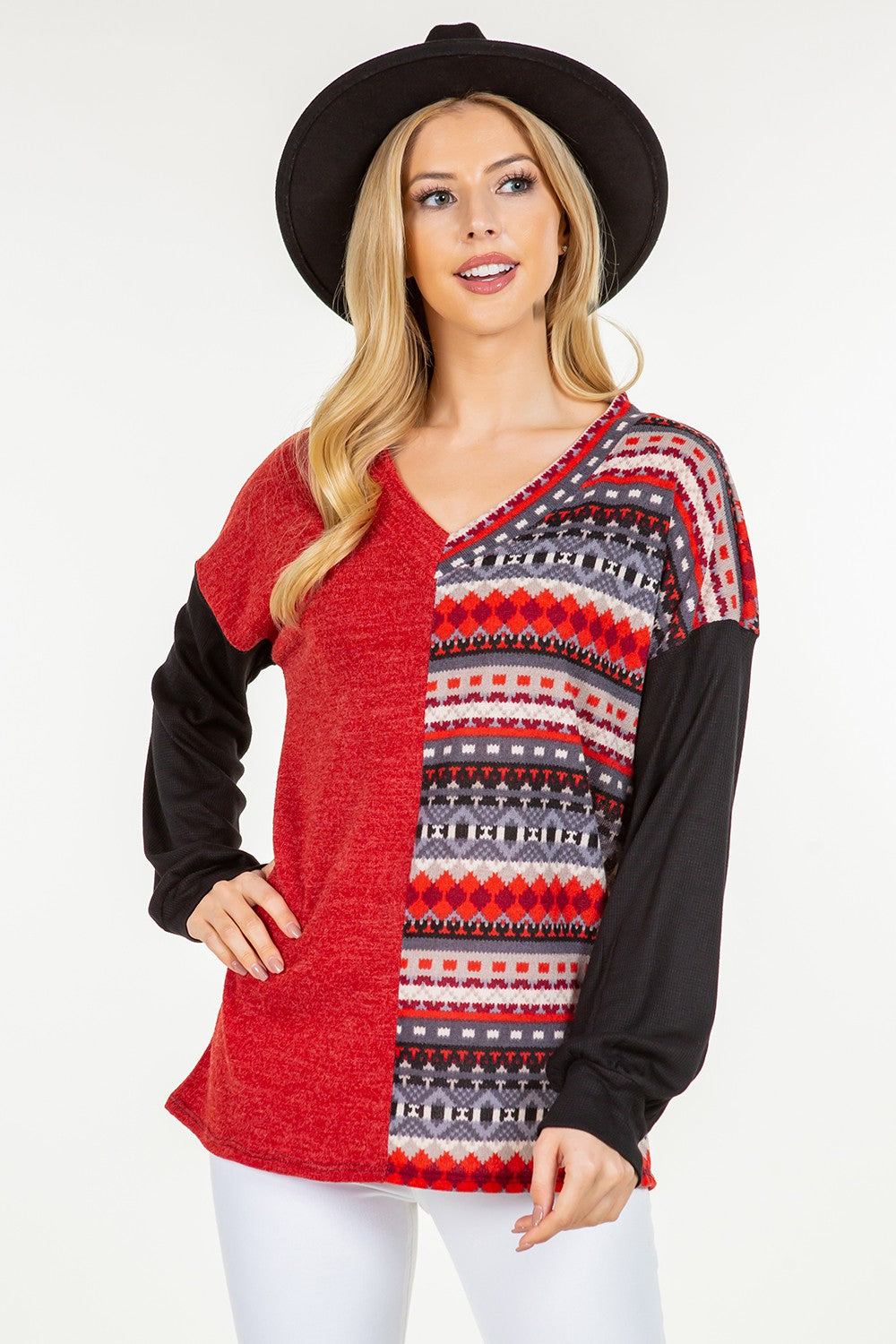 Contrast Geometric V-Neck Long Sleeve Blouse