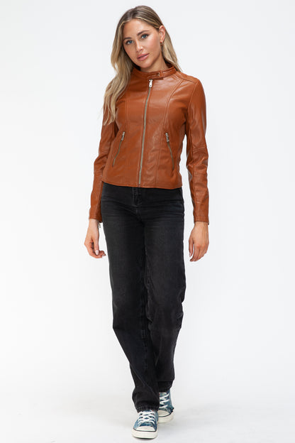 Faux Leather Zip Up Drawstring Hooded Jacket