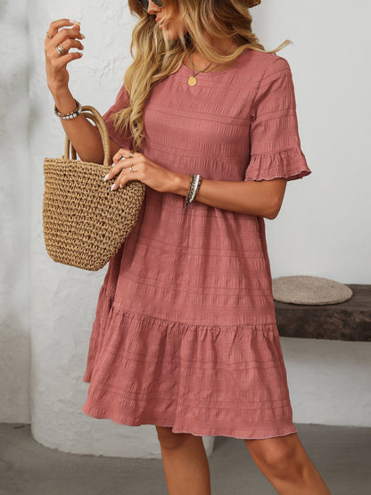 Ruffled Ruched Round Neck Half Sleeve Dress