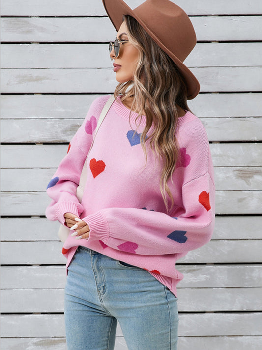 Heart Round Neck Long Sleeve Sweater