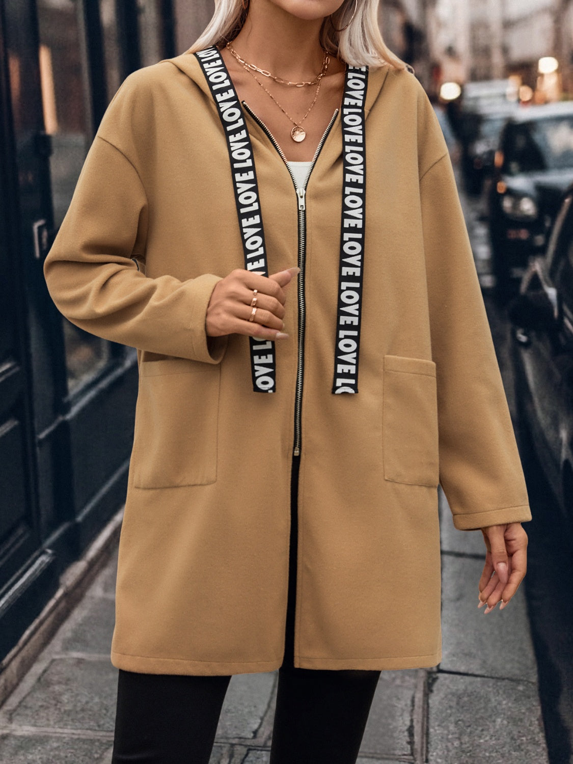 Letter Print Strap Zip Up Hooded Trench Coat