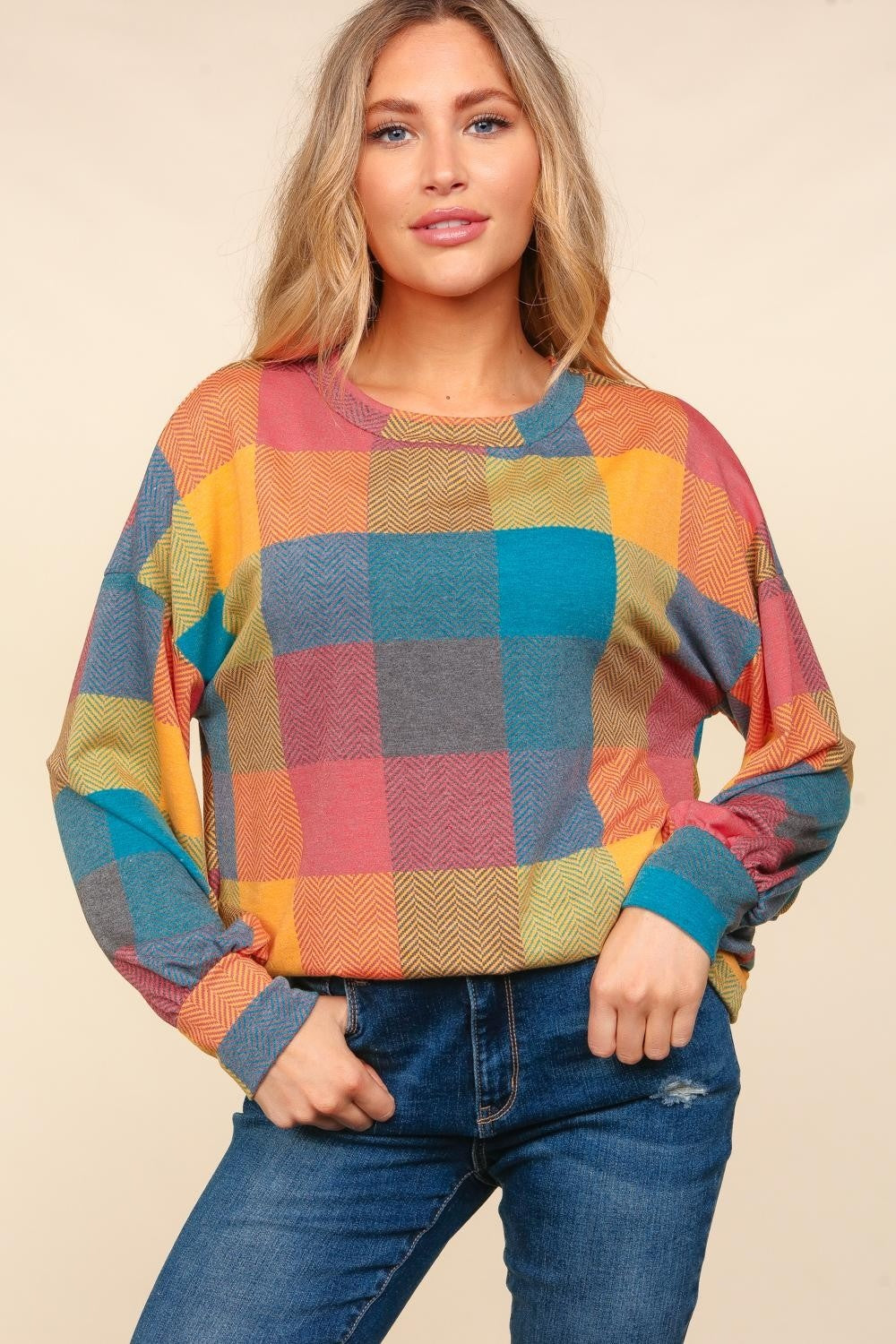 Round Neck Color Block Plaid Top