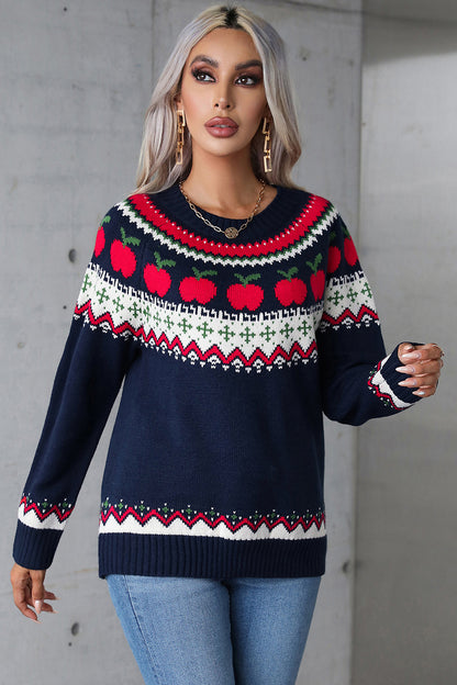 Graphic Round Neck Long Sleeve Sweater