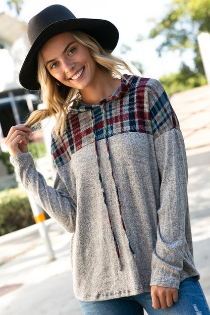 HACCI MELANGE PLAID AND SOLID MIXED HOODIE TOP