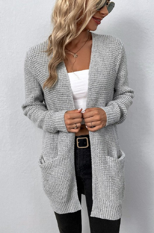 Open front waffle sweater cardigan