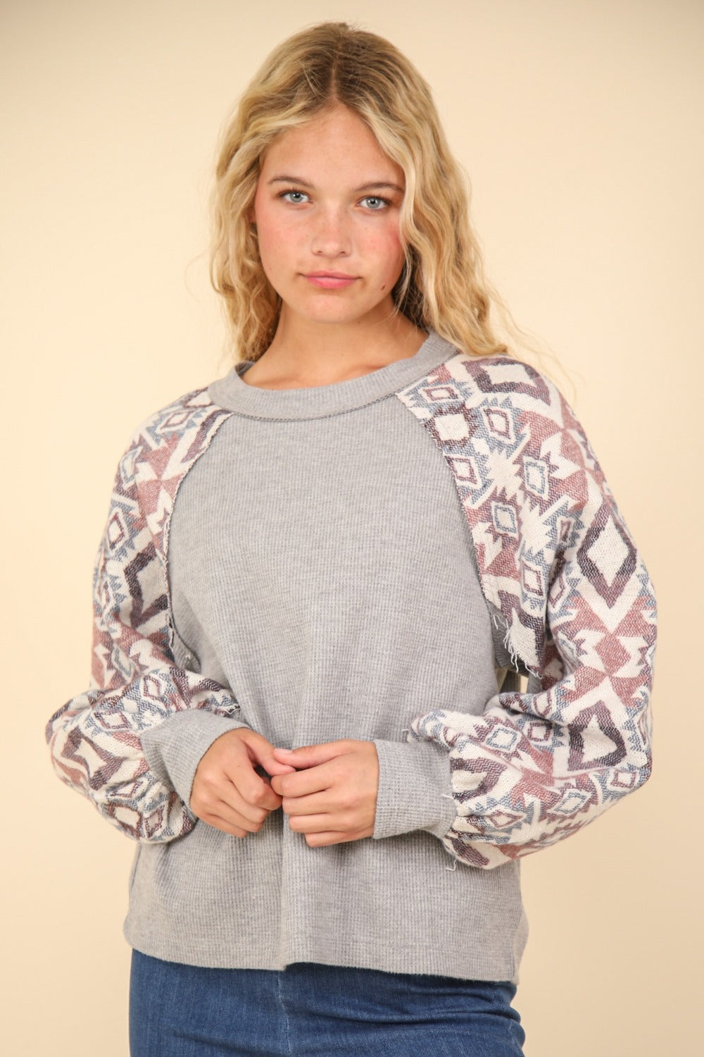 Printed Long Sleeve Round Neck Knit Top