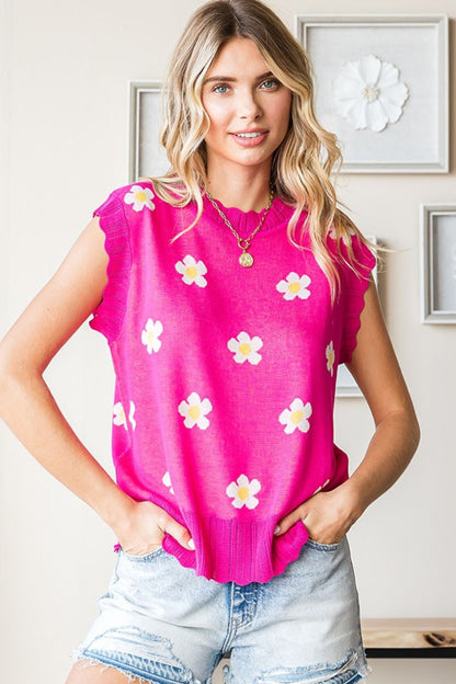 Flower Pattern Round Neck Sweater Vest