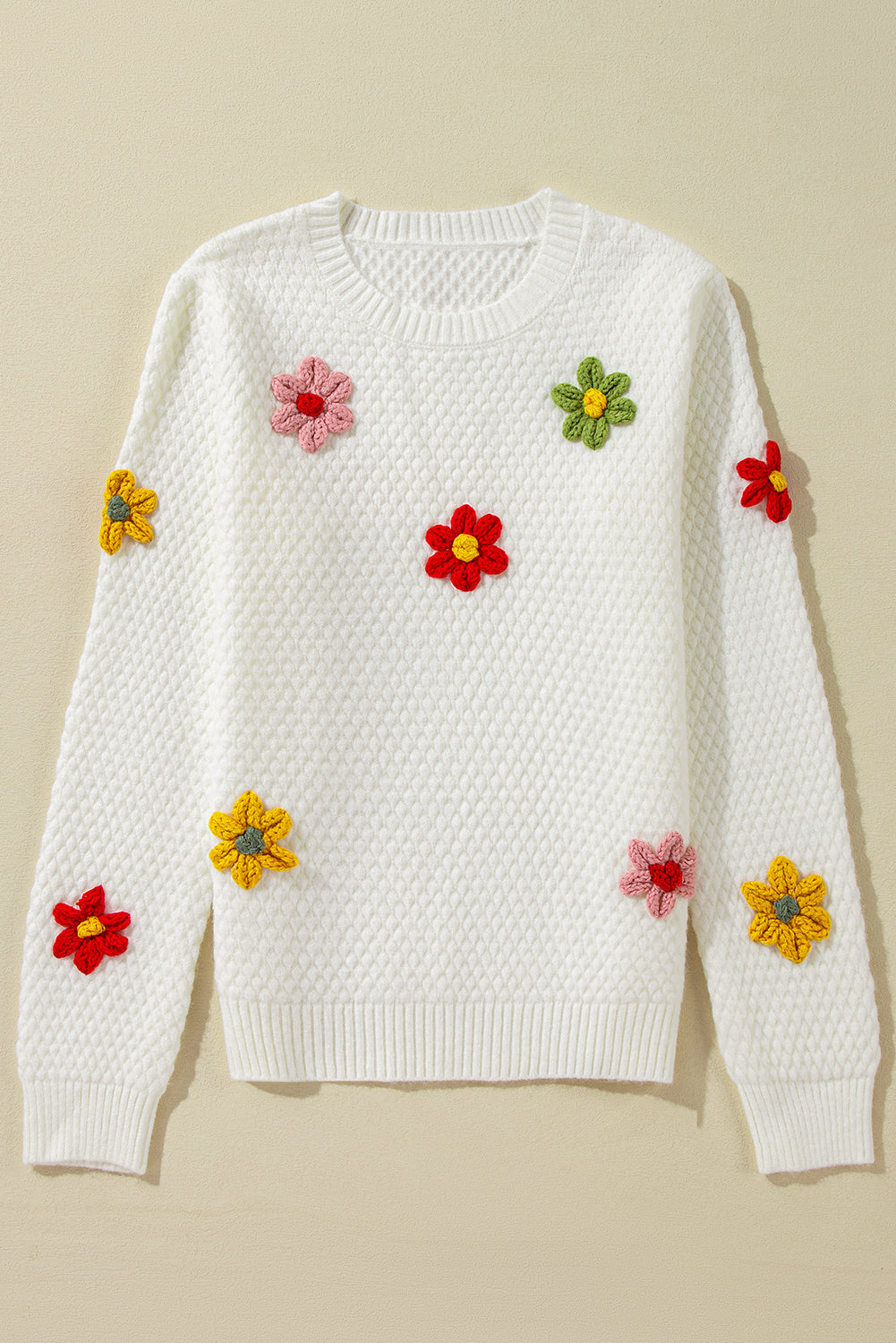 Crochet Flower Round Neck Long Sleeve Sweater