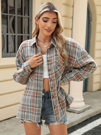 Pocketed Plaid Collared Neck Long Sleeve Shirt