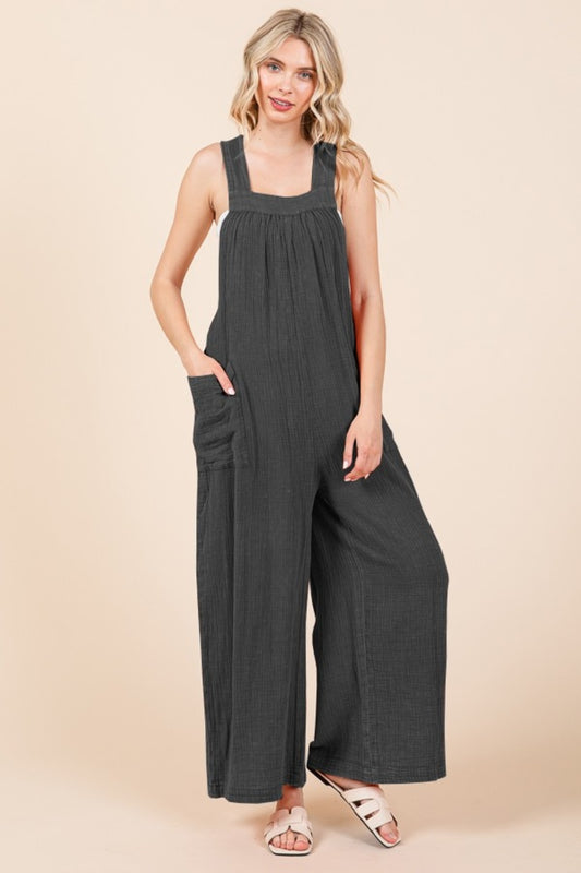 Pocketed Sleeveless Wide Leg Overalls