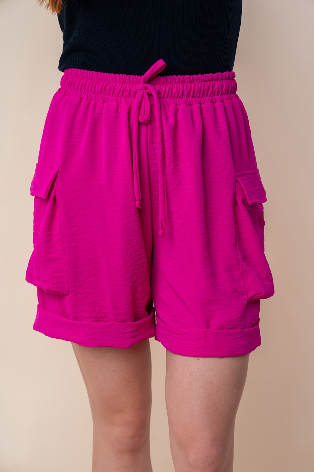 High Waisted Drawstring Knit Cargo Shorts