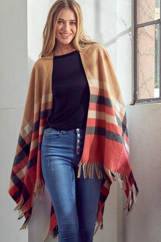 PLAID PATTERN SHAWL PONCHO