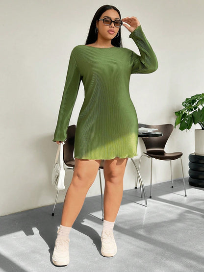 Plus Size Lettuce Hem Round Neck Long Sleeve Dress