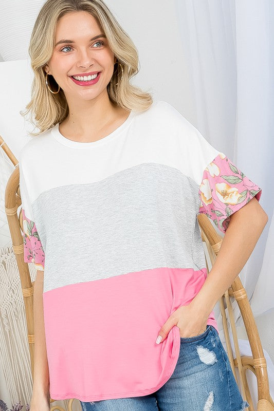 SOLID FLORAL MIXED COLORBLOCK TOP