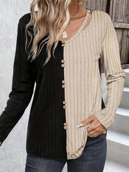 Decorative Button Contrast Round Neck Long Sleeve T-Shirt