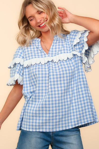 Haptics Plaid Scallop Hem Notched Short Sleeve Blouse