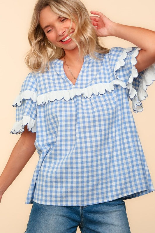 Haptics Plaid Scallop Hem Notched Short Sleeve Blouse