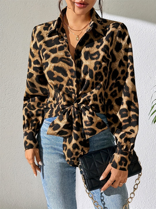 Leopard Collared Neck Long Sleeve Shirt