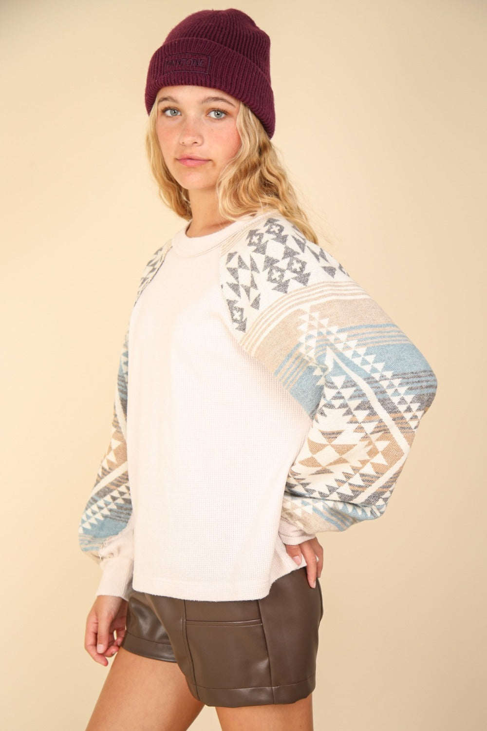 Printed Long Sleeve Round Neck Knit Top