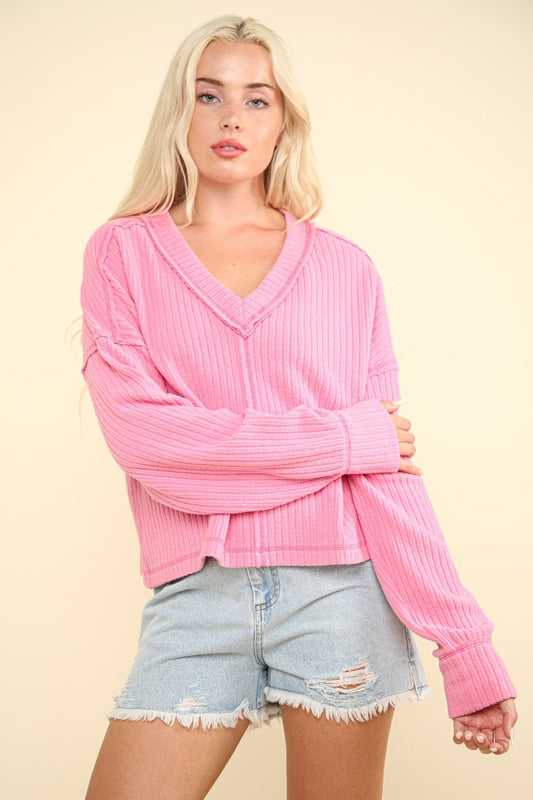 Exposed Seam V-Neck Ribbed Knit Top