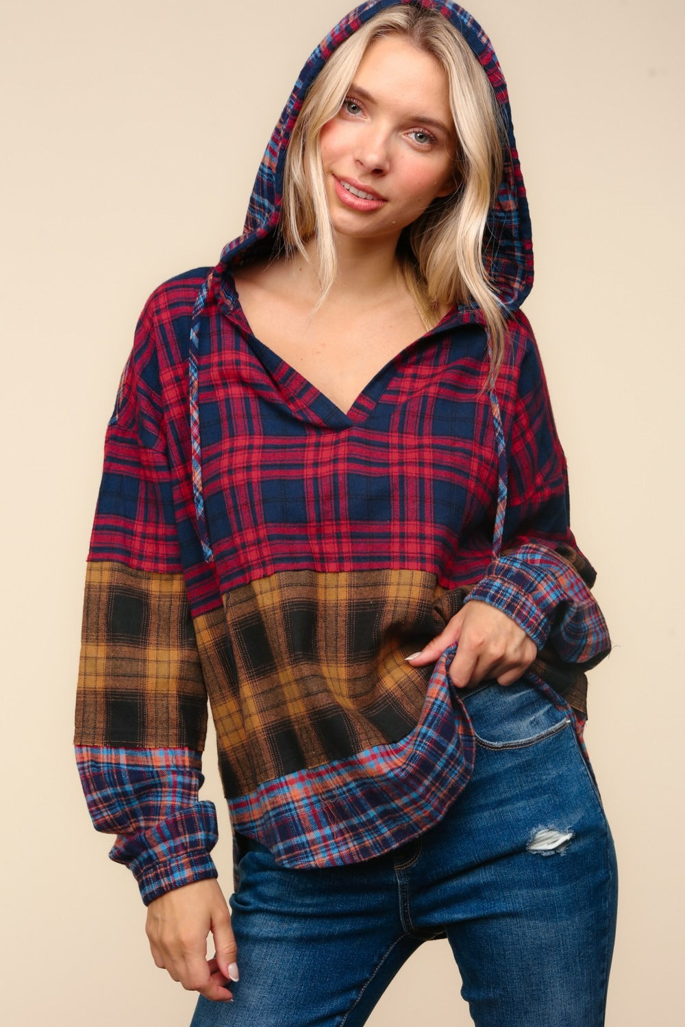 Plaid Edge Cut Detail Hooded Top