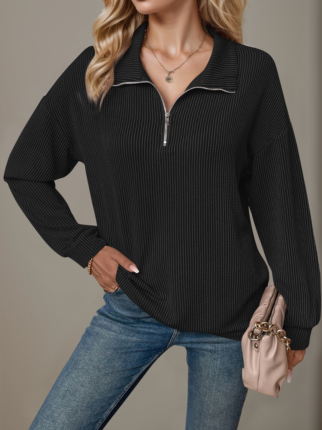 Striped Half Zip Long Sleeve T-Shirt