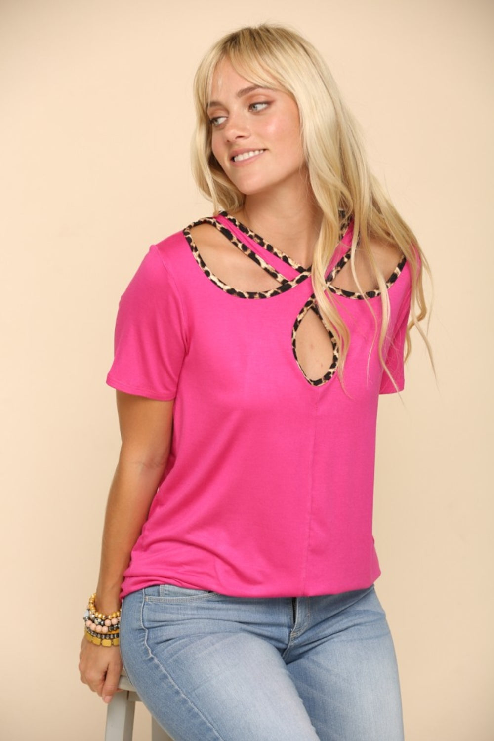 Crisscross Cutout Leopard Contrast Trim T-Shirt