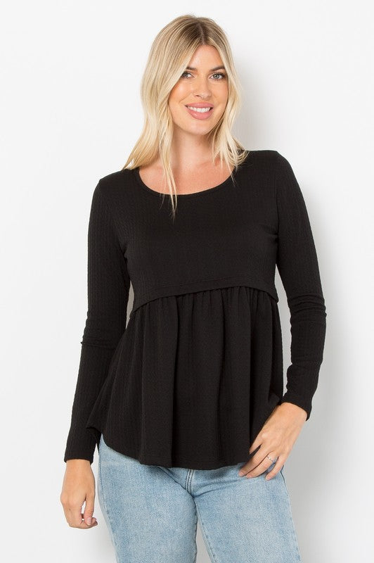 Be Stage Texture Babydoll Round Neck Long Sleeve Knit Top