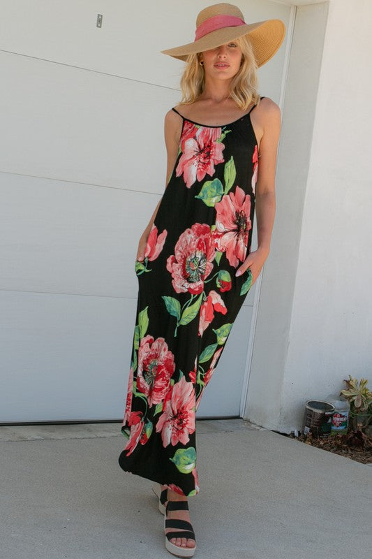 PLUS FLORAL HALTER POCKET DRESS