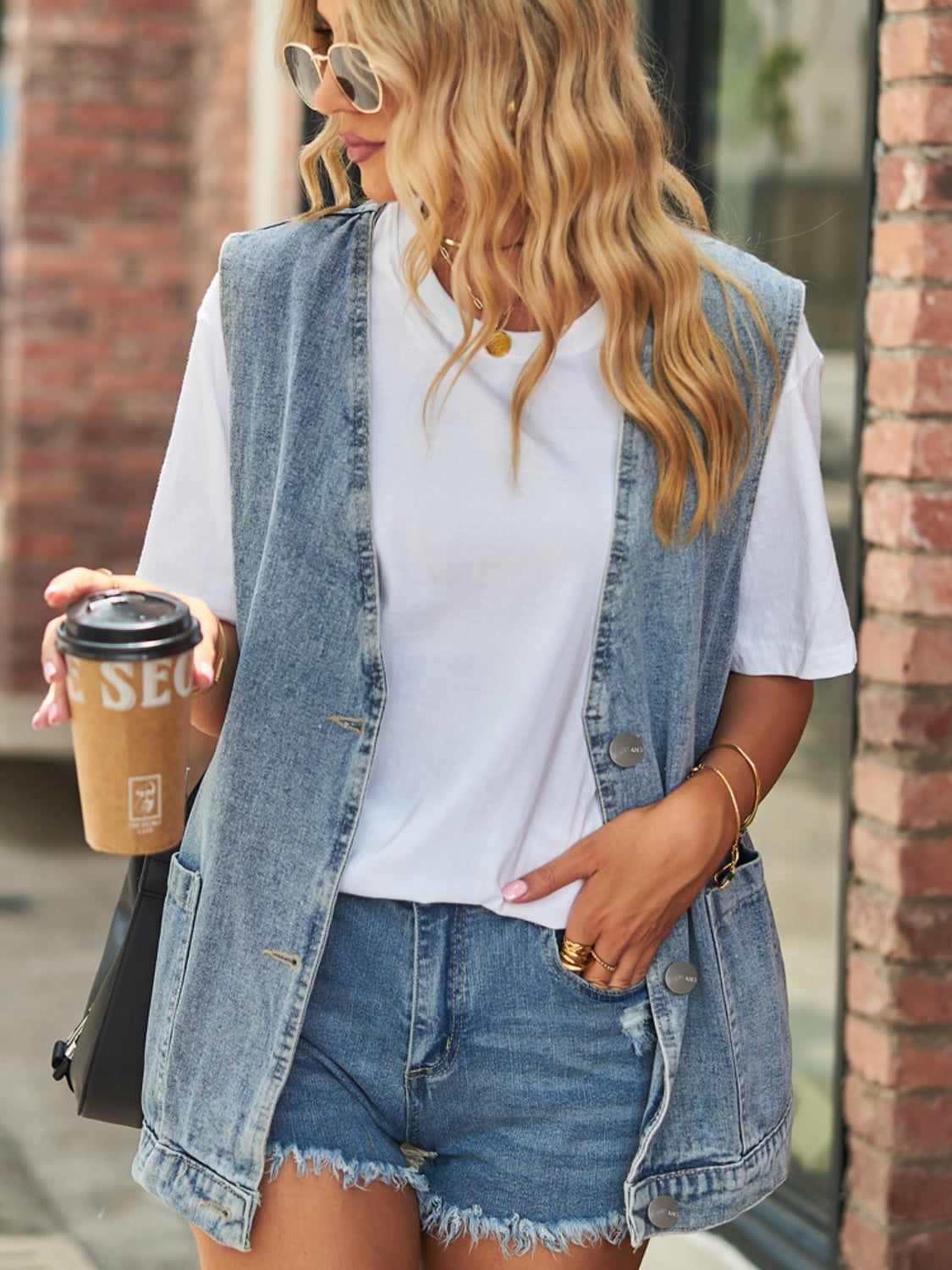 V-Neck Button Up Denim Vest