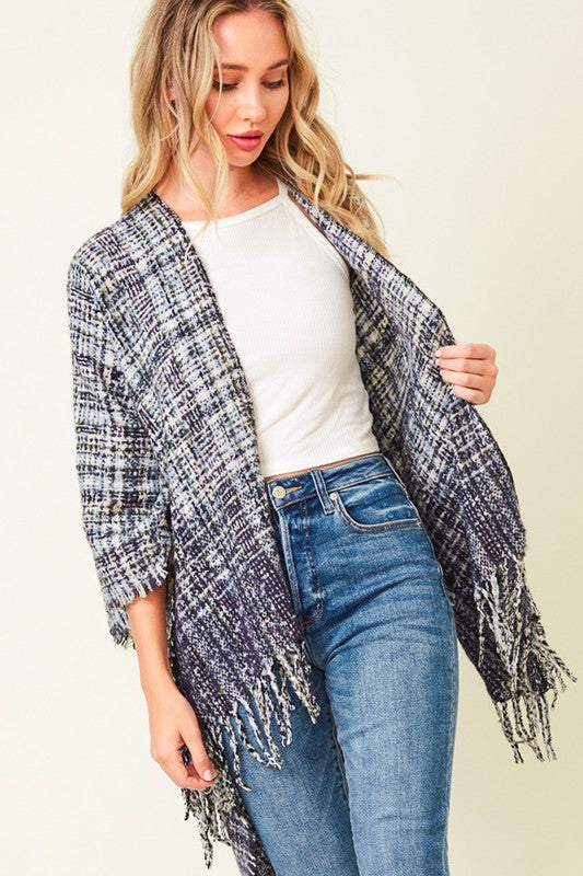 MULTI PLAID FRINGE PONCHO SHAWL