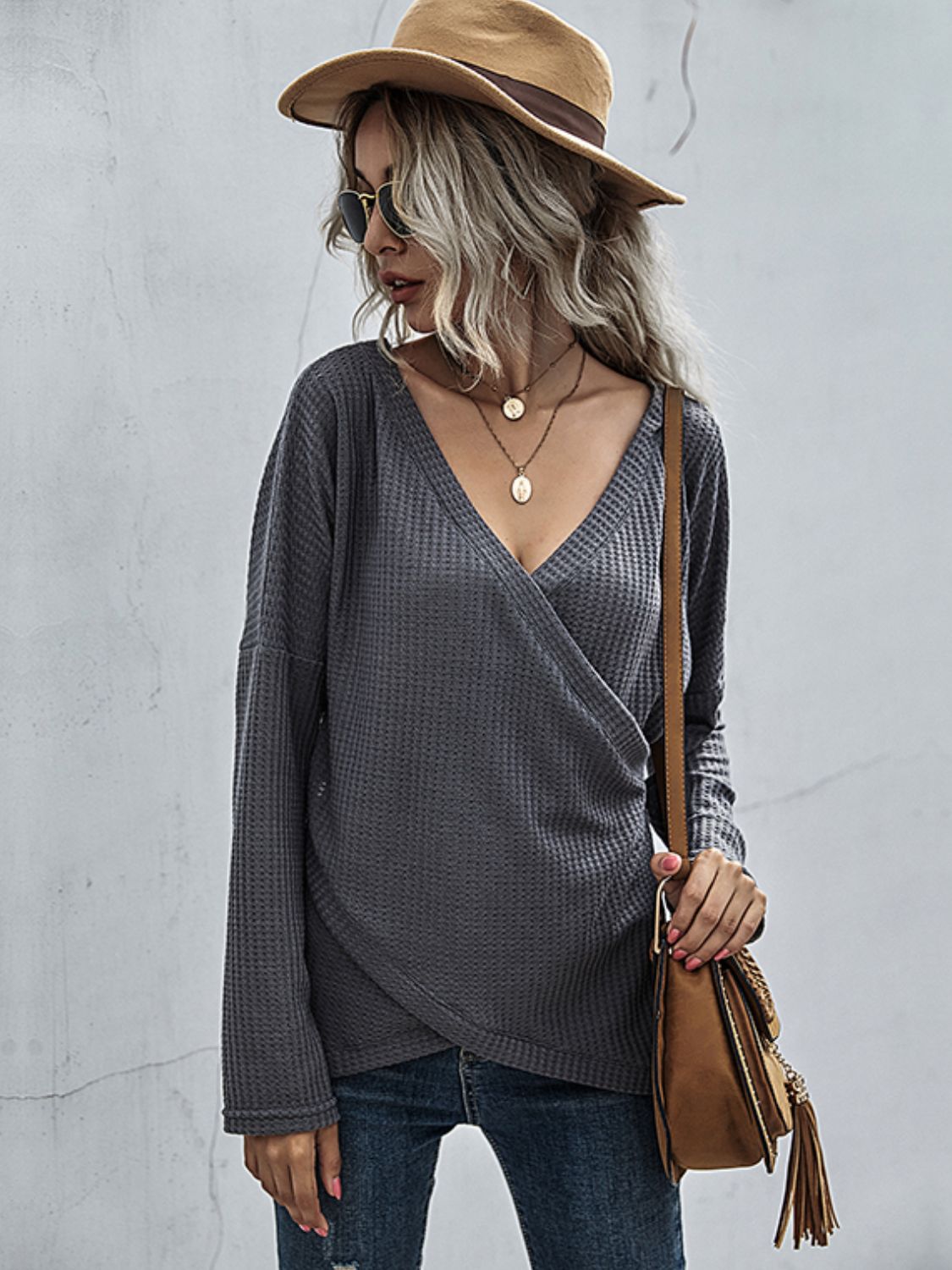 Waffle-Knit Surplice Long Sleeve Top