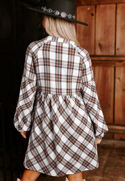 Plaid Collared Neck Balloon Sleeve Mini Shirt Dress