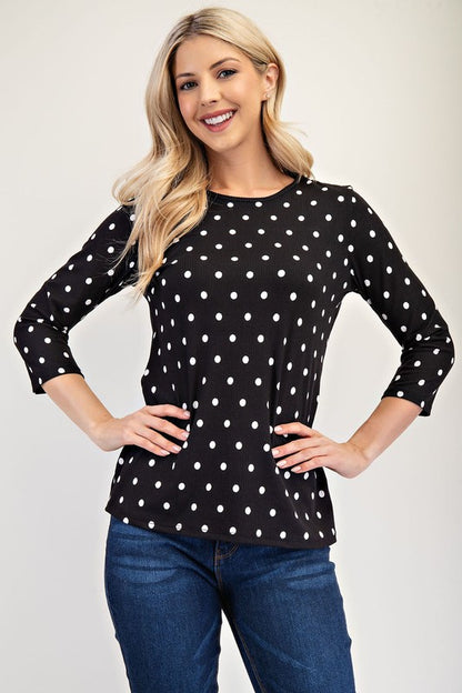 Celeste Polka Dot Round Neck Three-Quarter Sleeve T-Shirt