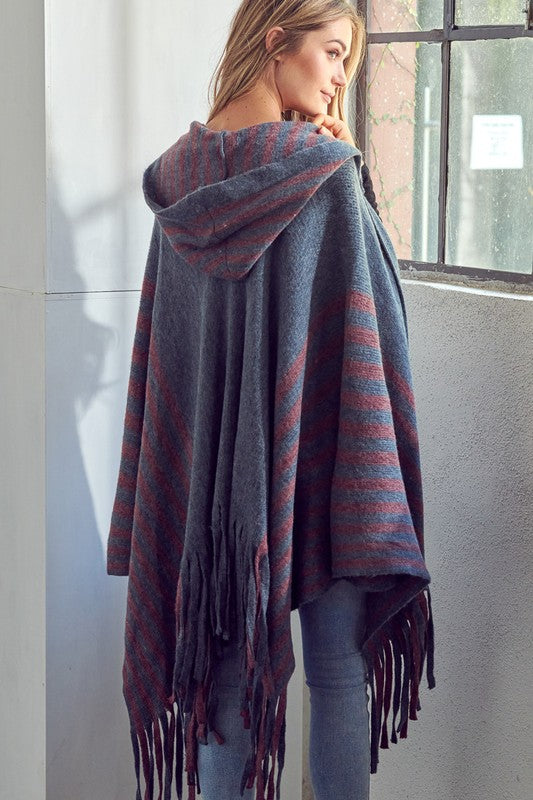 STRIPE PATTERN HOODED PONCHO