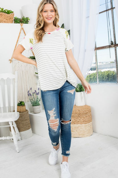 FLORAL STRIPE MIXED TOP