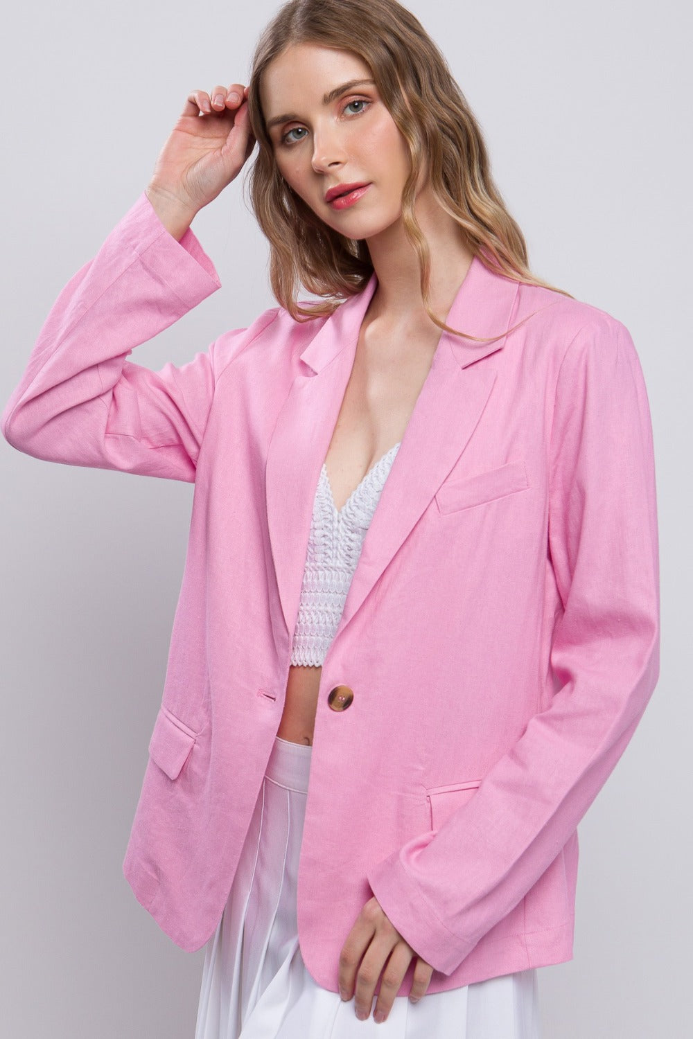 One-Button Long Sleeve Linen Blazer