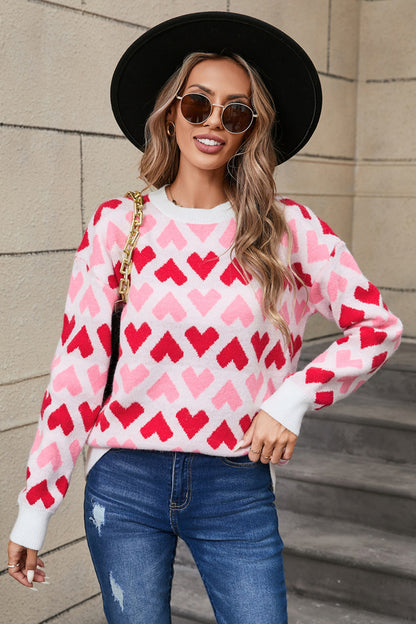 Contrast Heart Round Neck Sweater