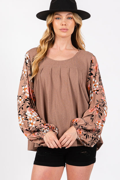 Floral Long Sleeve Front Pleated Detail Blouse