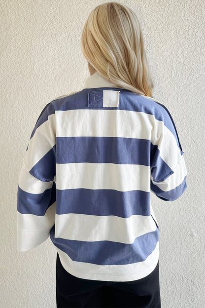 Pima Cotton Wash Striped Half Zip Mock Neck Long Sleeve Top