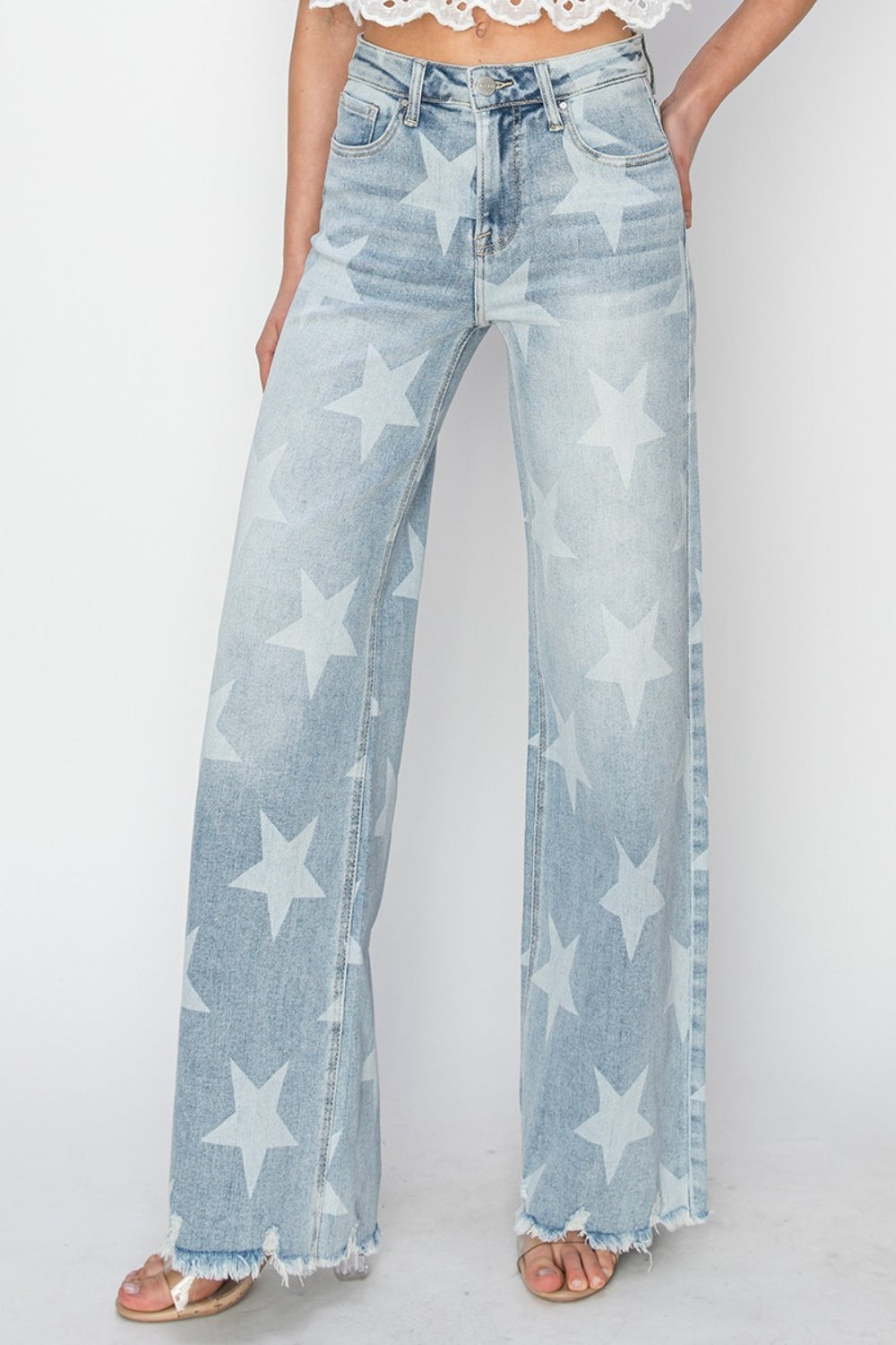 RISEN Raw Hem Star Wide Leg Jeans